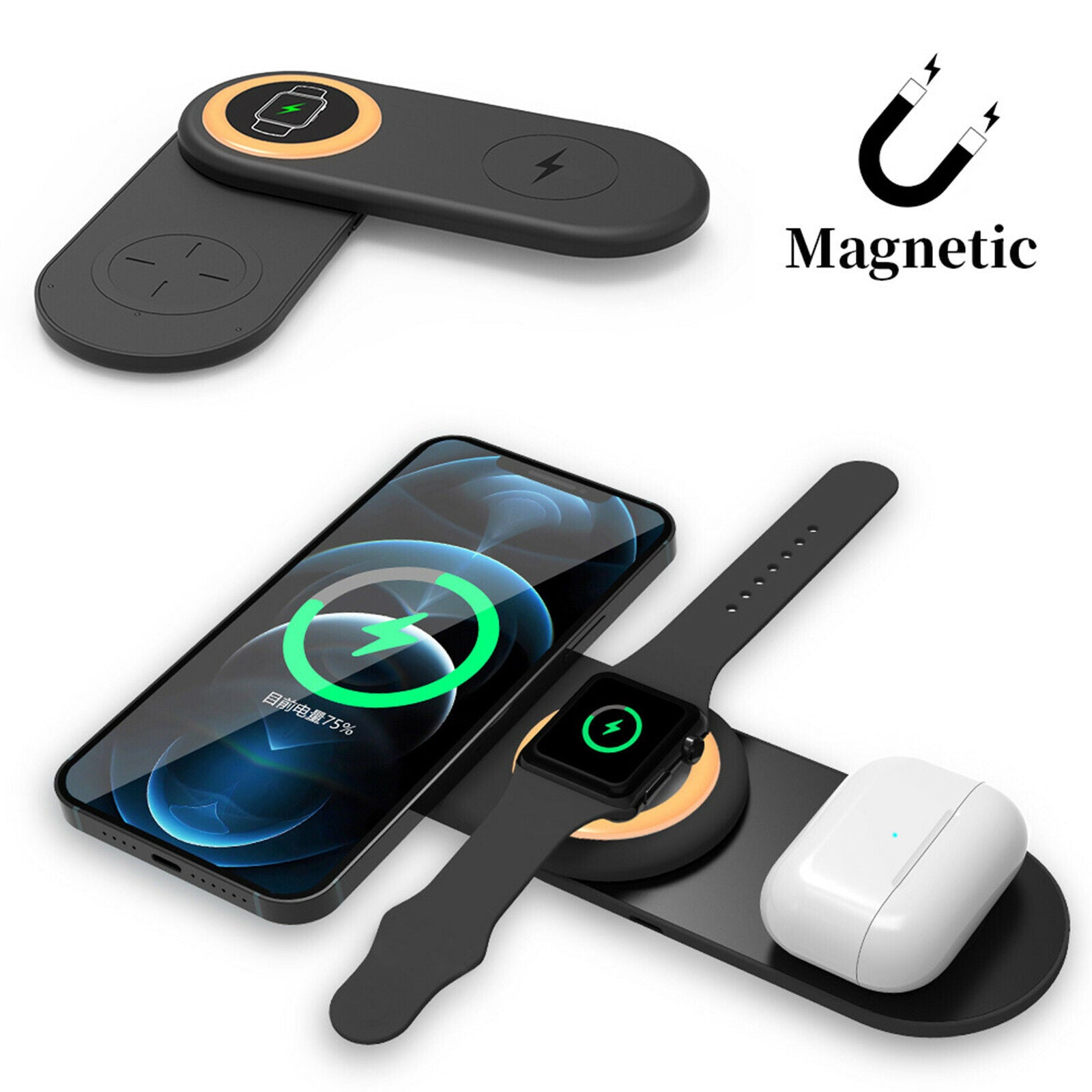 360° Rotation 3 in 1 Foldable Wireless Fast Charger Charging Station Black