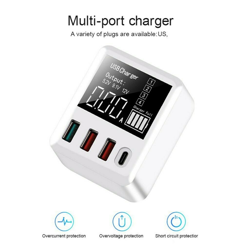 QC3.0 PD Type C USB Fast Charger 4 Ports 40W LED Display Travel Wall Charger US