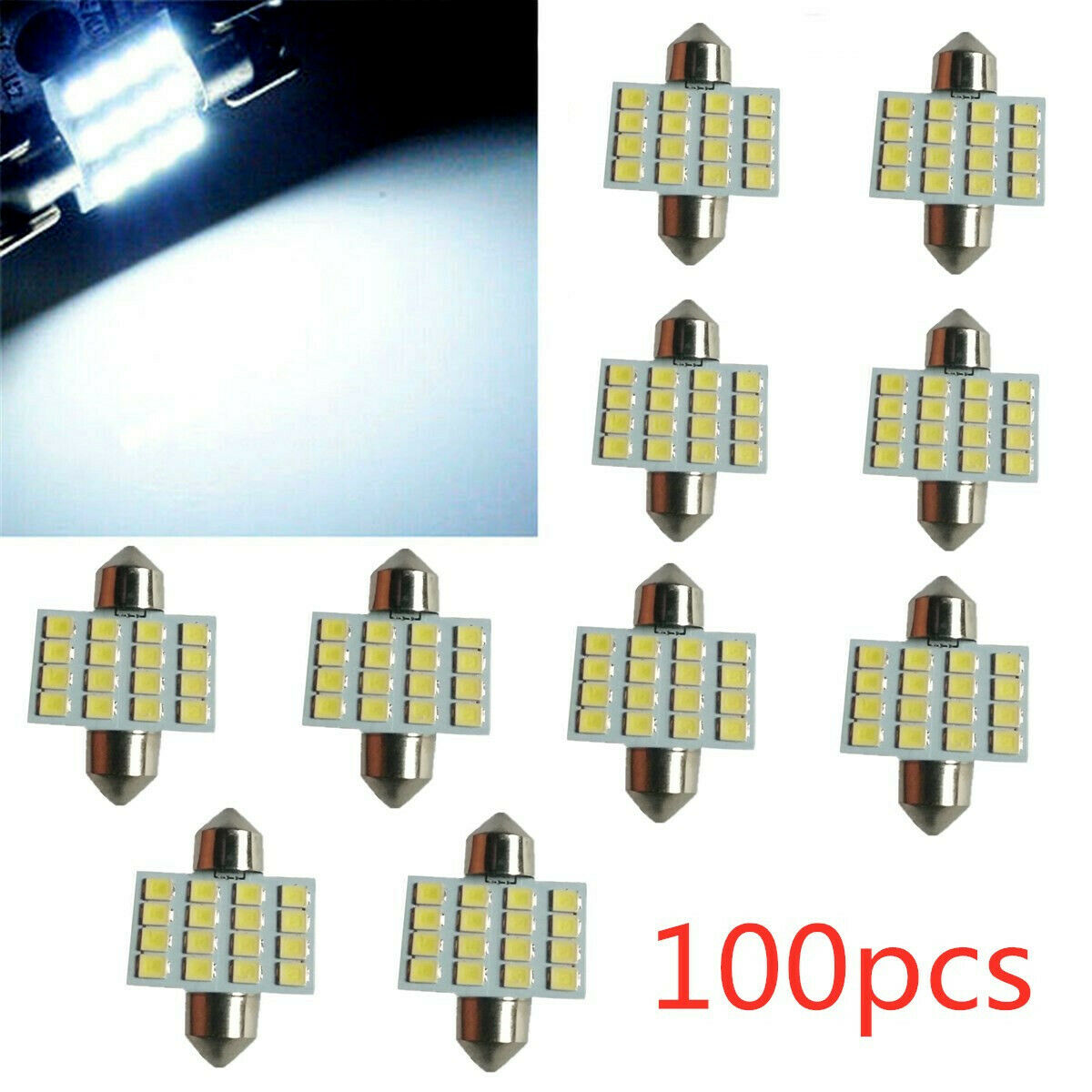 100pcs White 31mm 16 LED SMD Festoon Dome Car Bulb 3021 3022 DE3175 Light Lamp