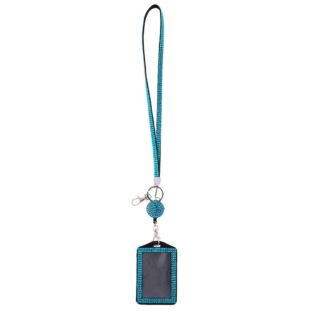 Deep Blue Rhinestone Lanyard with Retractable Reel Vertical ID Badge Holder