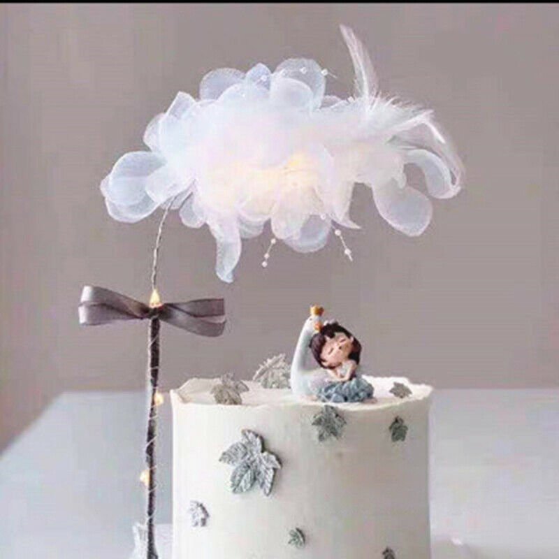 Happy Birthday Cake Topper White Decoration Wedding Bride and Groom feath.l8