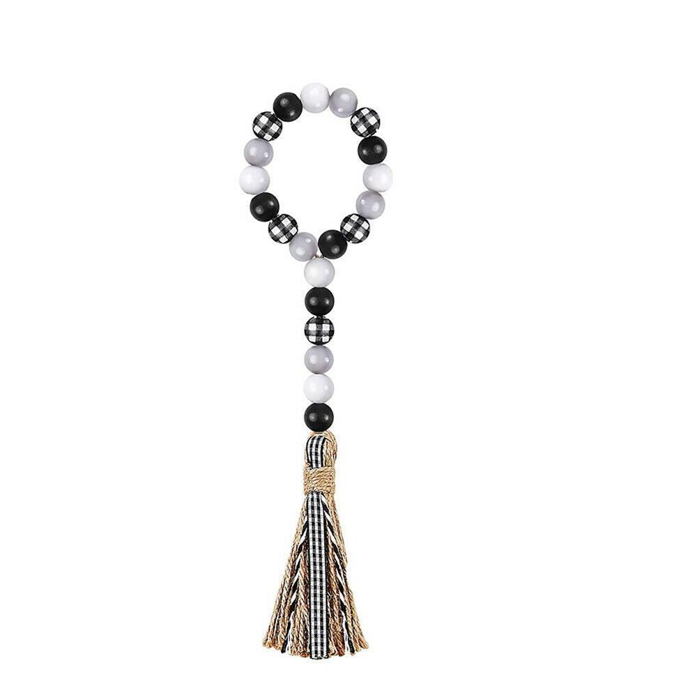 3PCS Black&White Plaid Wood Bead Garland with Tassel Home Bed Hanging Decor