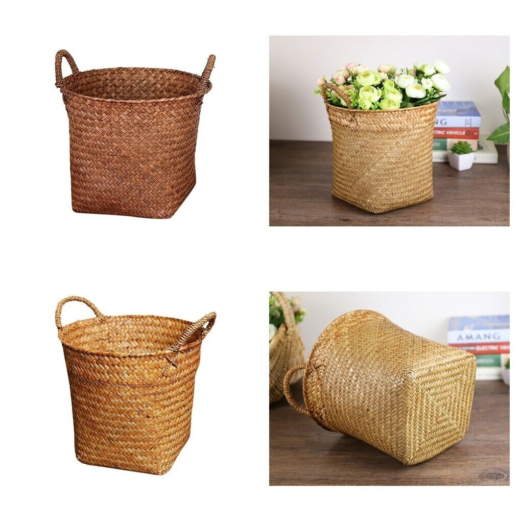 2x Rattan Straw Storage Basket Handcrafts for Grocery Bag Flowerpots 15x18cm