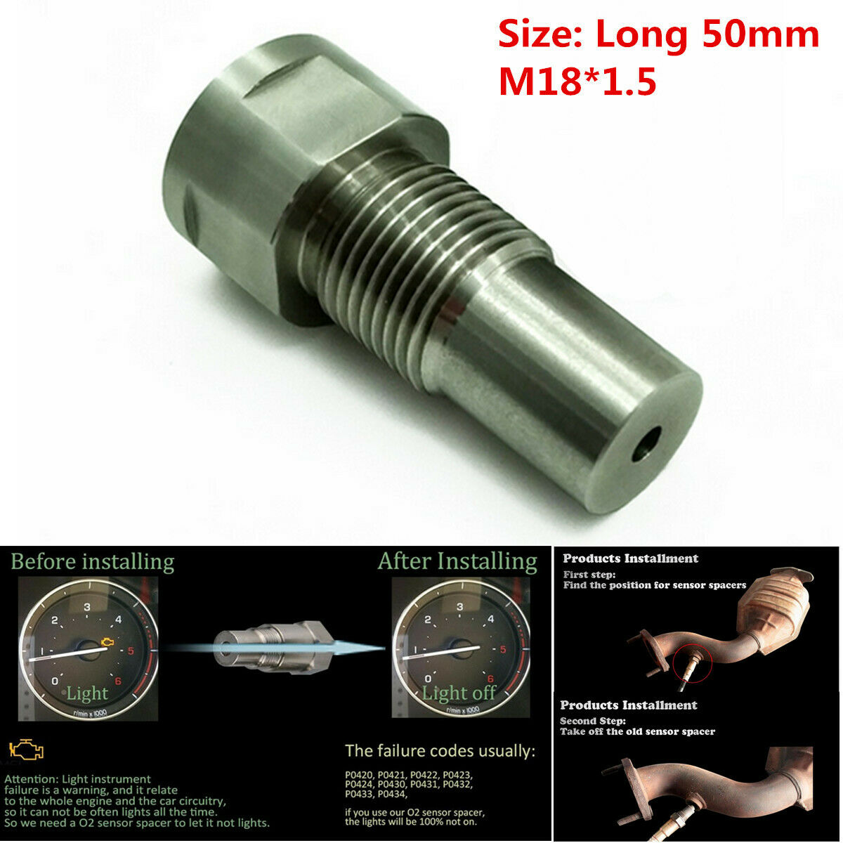 Stainless Steel O2 Oxygen Spacer Sensor Extension Dual Fitment Remove Fault Code