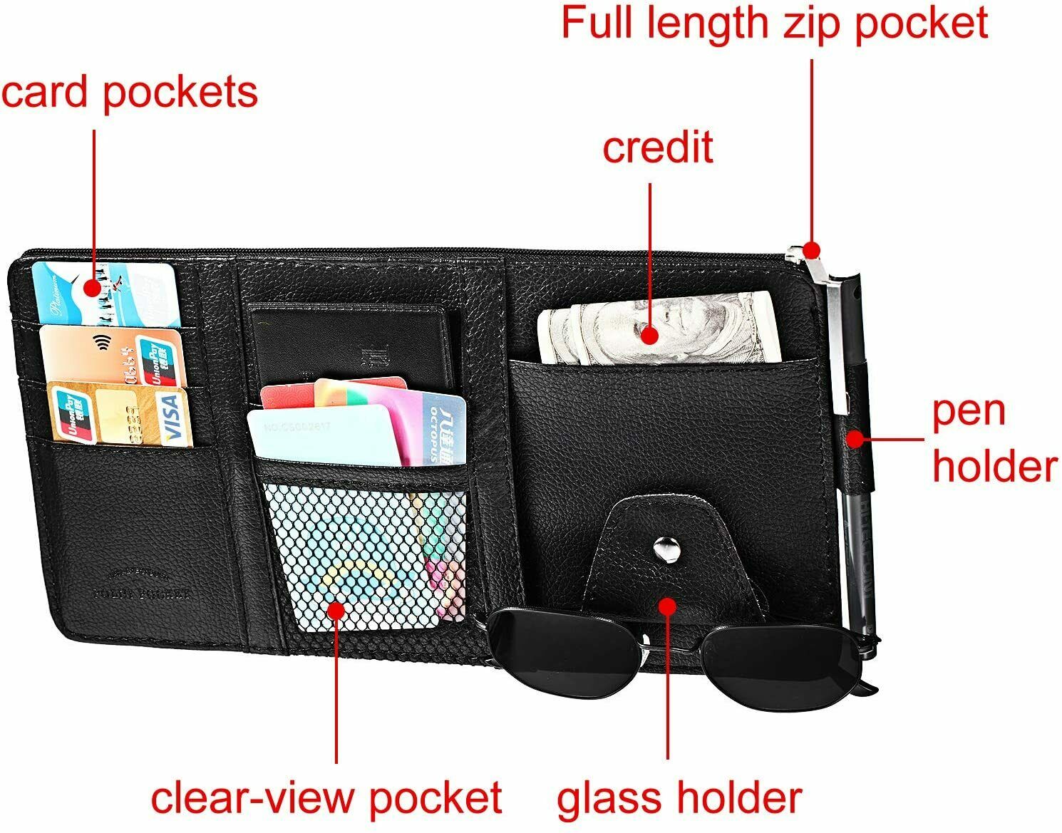 Leather Car Sun Visor Organizer Auto Interior Pocket Sunglass Card Holder Clip