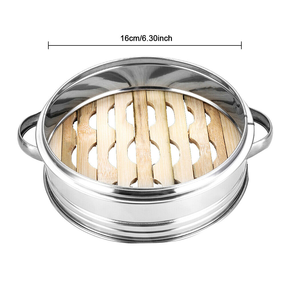 Stainless Steel Food Steamer Basket with Bamboo Bottom 4 Tier 6.3" with Lid