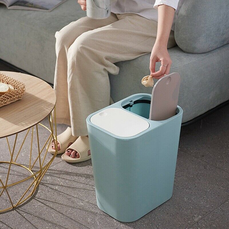 Trash Can Rectangle Plastic Push-Button Dual Compartment 12 Liter Recycling WaX6