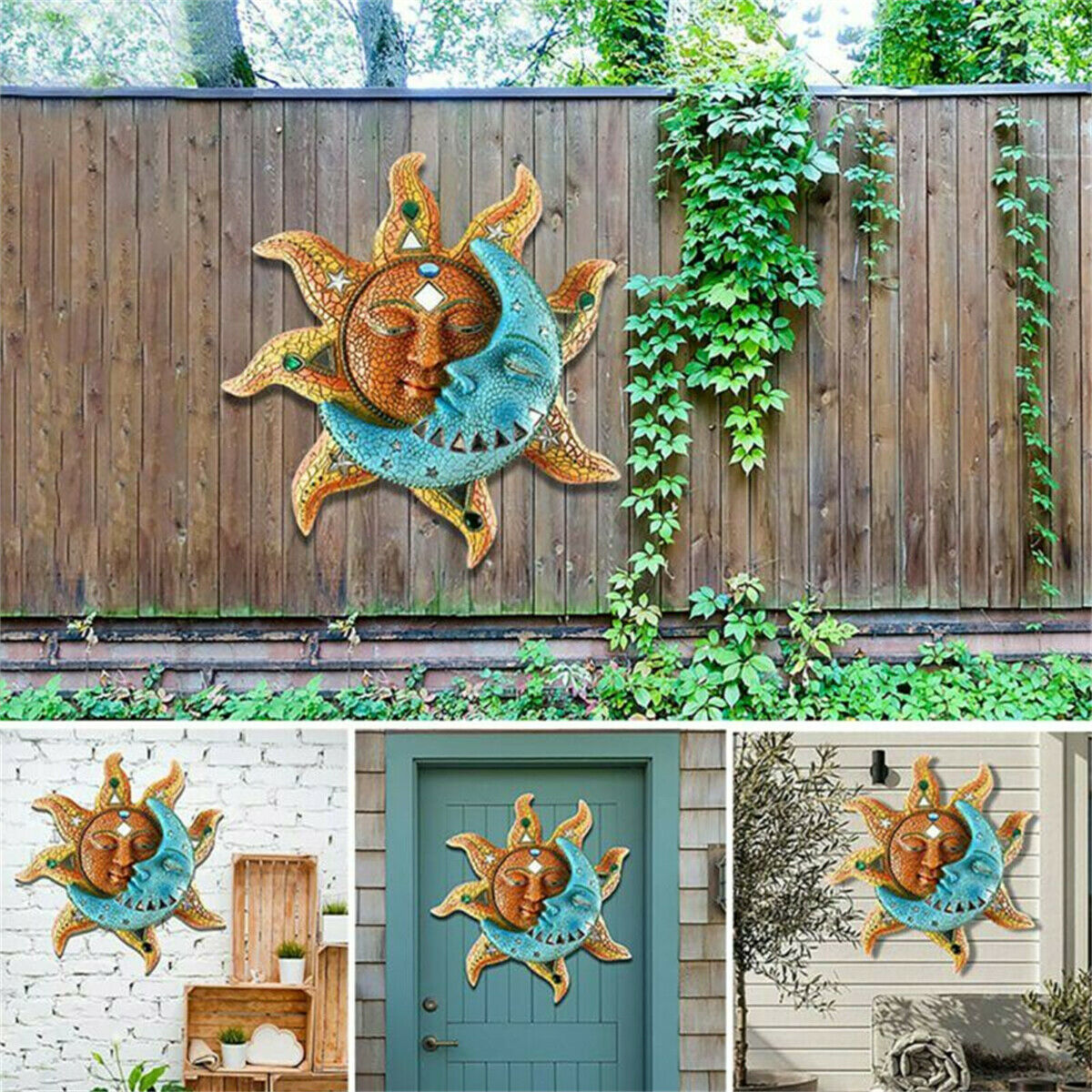 Golden Sun And Blue Moon Home Decor Indoor Outdoor Art Statue Sculpture DIY Gift