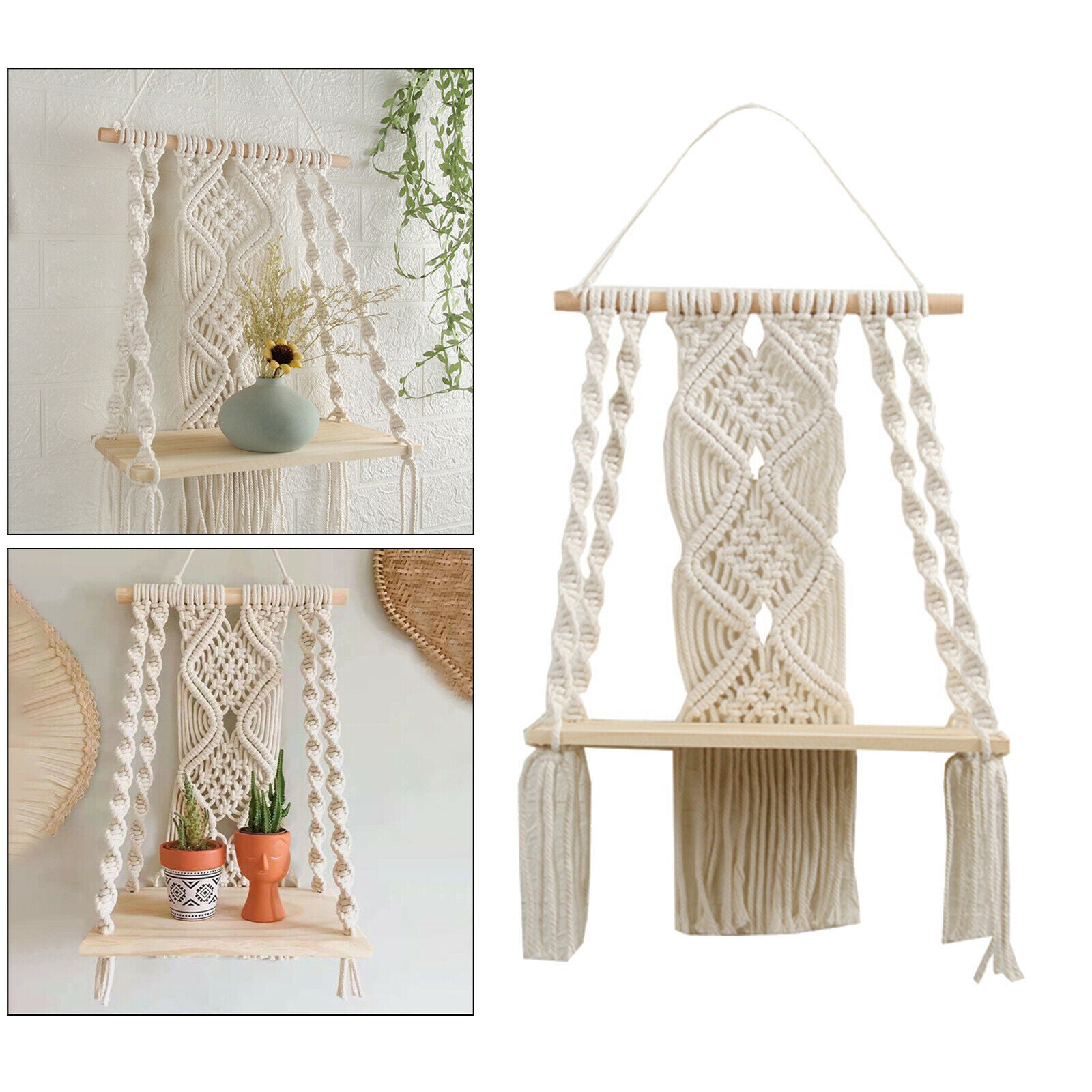 50x30cm Chic Boho Style Tapestry Wall Shelf Cotton Rope Books Plant Rack