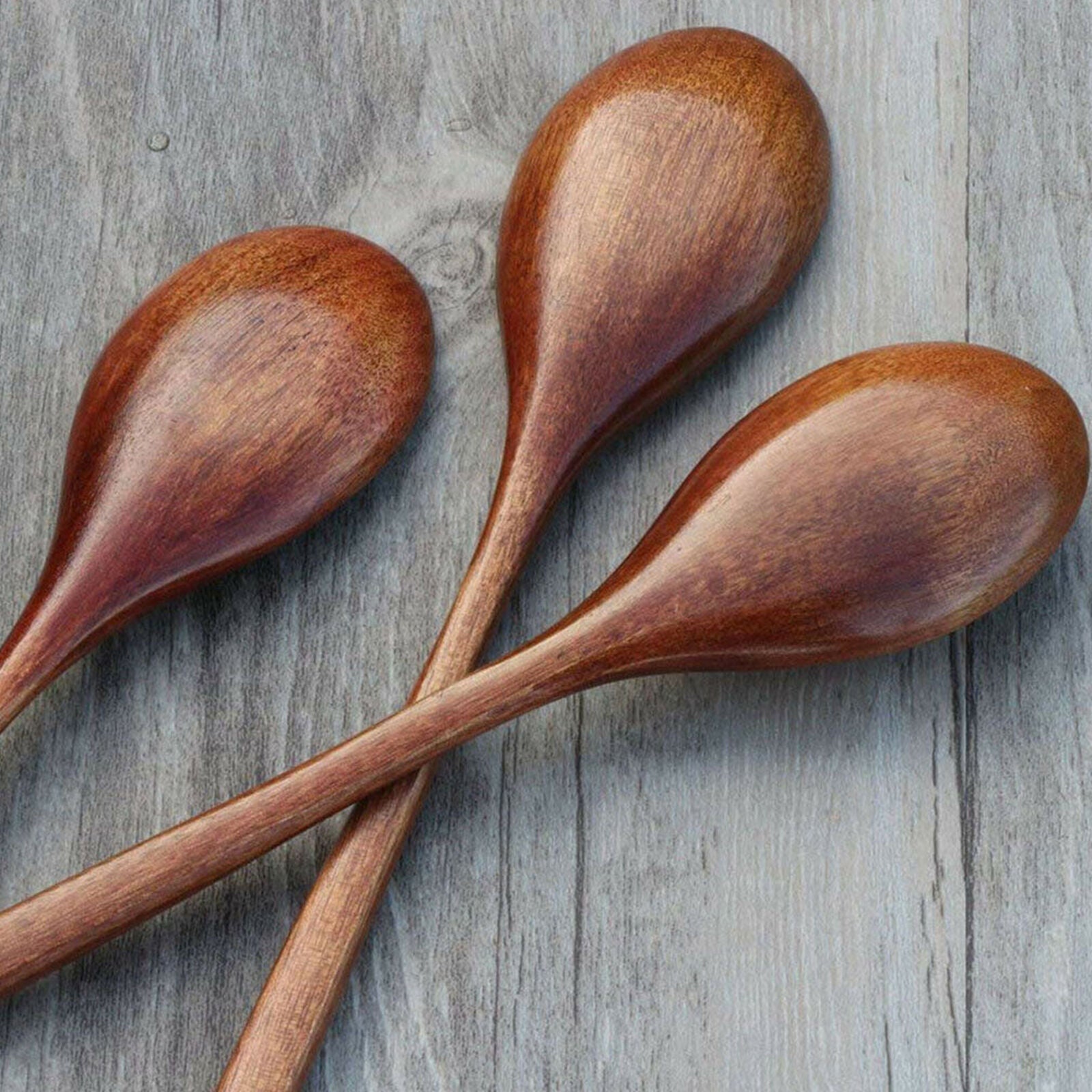6Pcs NEW Wooden Spoon Kitchen Spices Natural Wood Long Handle Eating Spoons Set