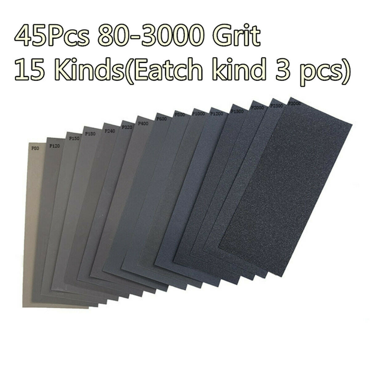 45pc 15Kinds Sandpaper 80-180/240-400/600/800/1000/1200/1500/2000/2500/3000 Grit