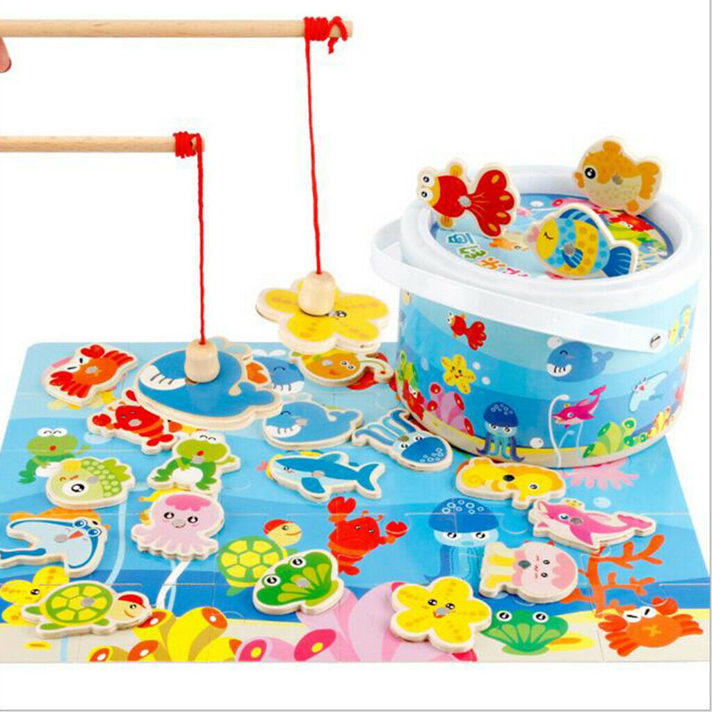 Toddler Wooden Magnetic Fishing Pole Set Game Go   Ocean Animals