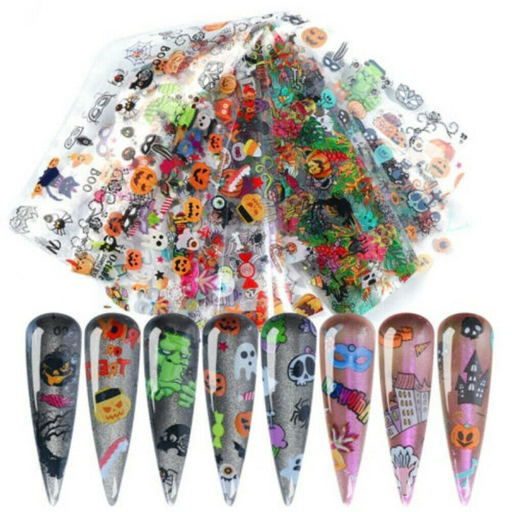 10Pcs Halloween Nail Stickers Pumpkin Skeleton Nail Art Stickers Tip Foil Decals