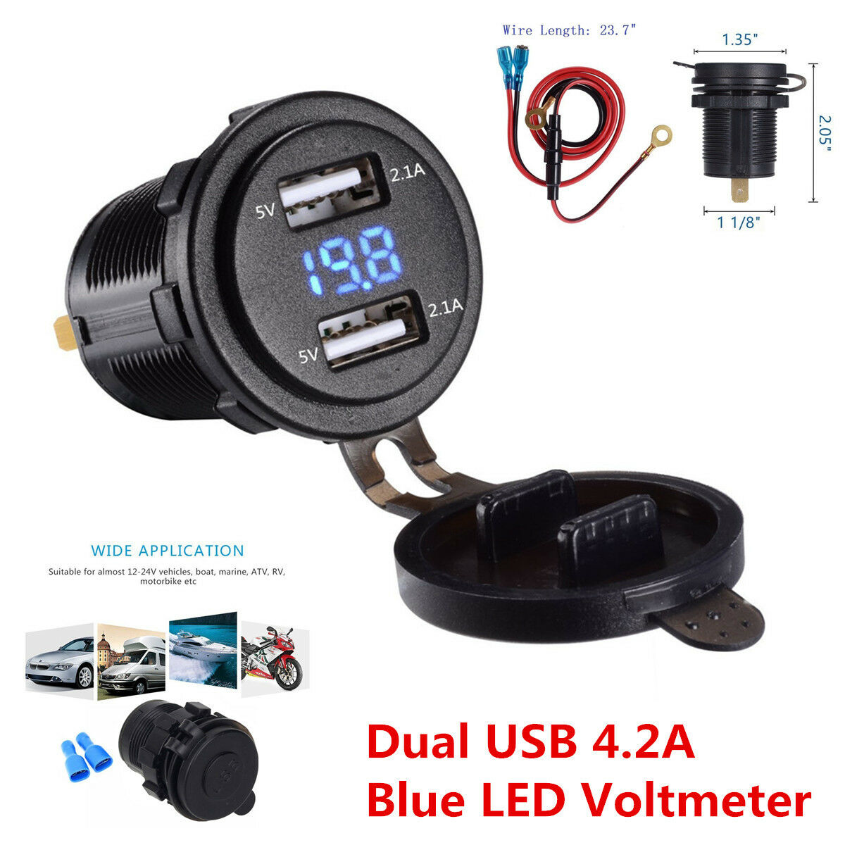 4.2A Dual USB Charger Socket with Voltmeter & Wire Waterproof for Car Motorcycle