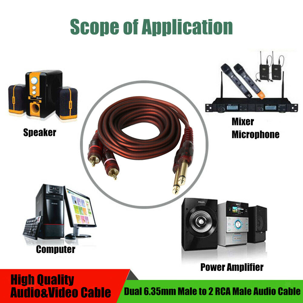 5ft Dual 6.35mm 1/4 inch to Dual RCA Audio Cable Converter Wire Cord NEW