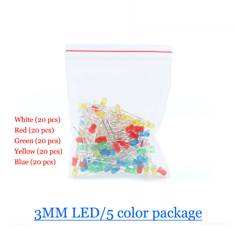 100pcs 3mm Bright LED Light Emitting Diode Component Kit for PCB Circuit