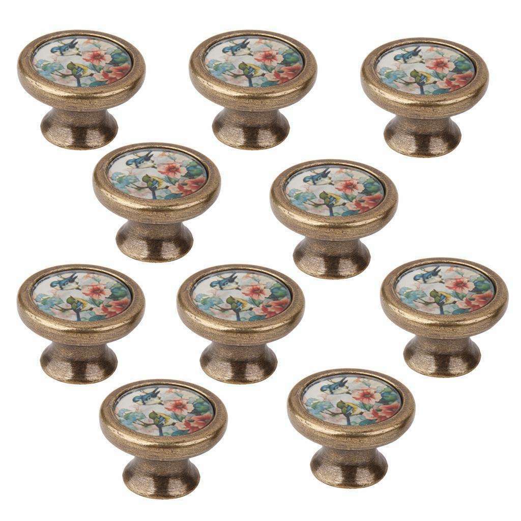 10 Pieces Round Retro Cabinet Door Drawer Handle Pull Knob Bird And Flowers