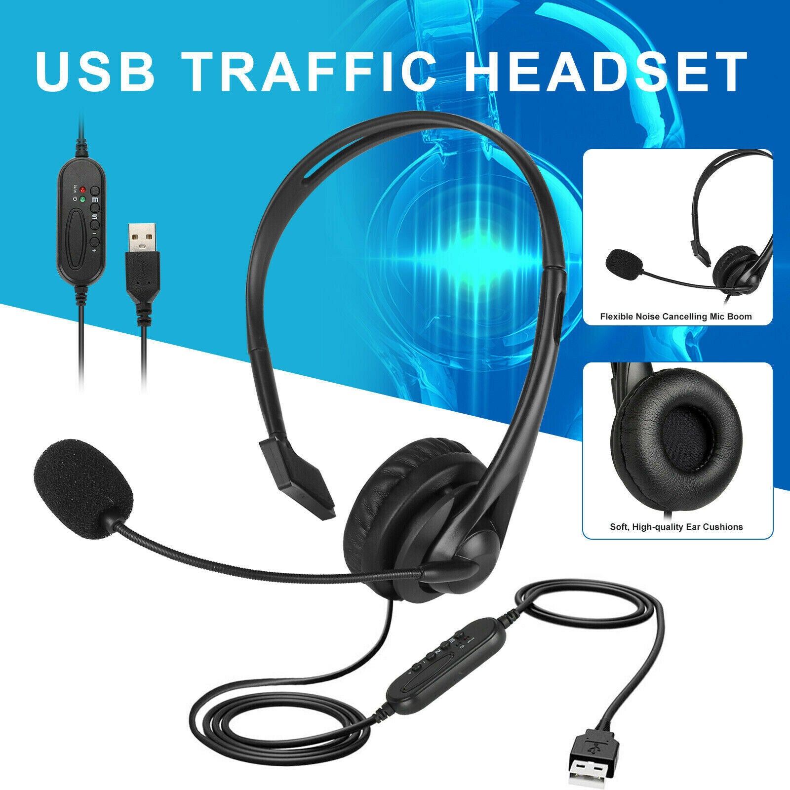 USB Headset with Noise Cancelling Microphone and Adjustable Volume Control for