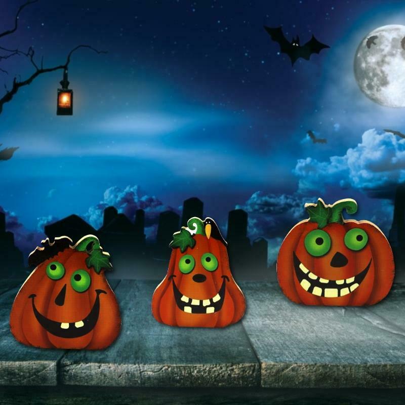 3Pcs Halloween Wooden Table Decor Cartoon Spooky Pumpkin Sign Desktop Ornament