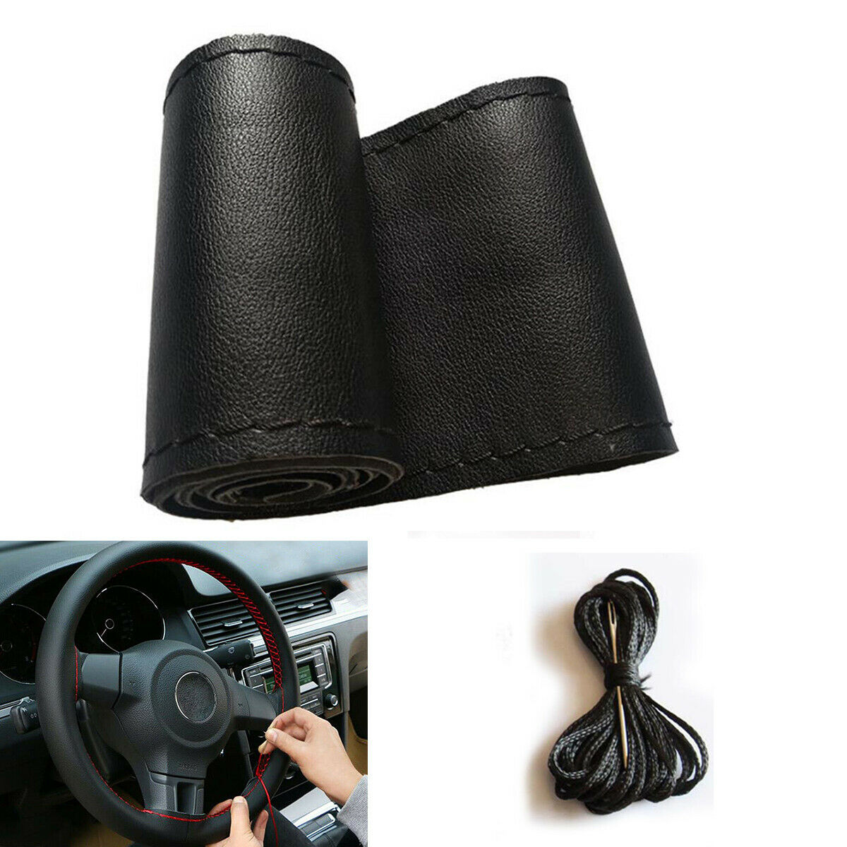 Universal Black DIY Car Auto PU Leather Steering Wheel Cover With Needles Thread