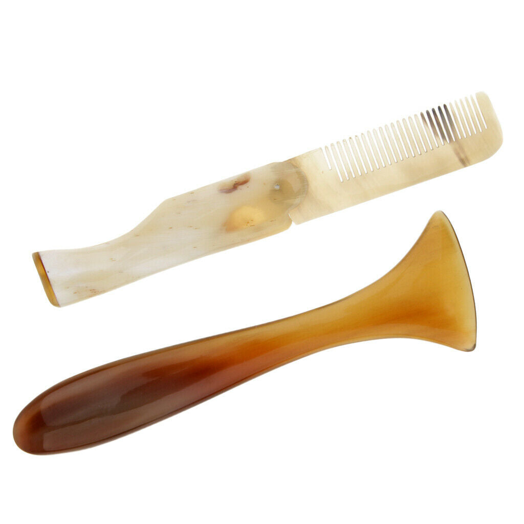 Unique Natural Horn Folding Massage Comb + Pocket Travel Face Massage Stick