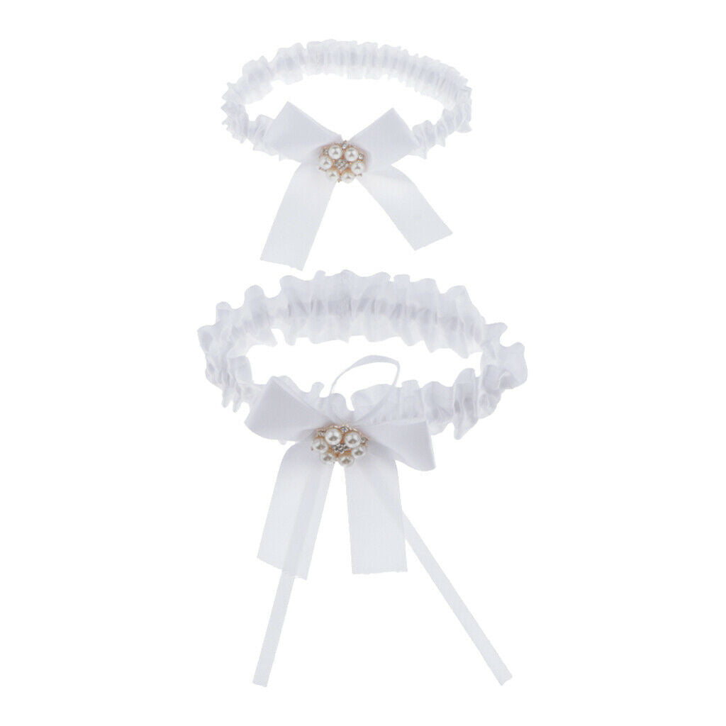 of 2 Women Crystal Leg Garter Belt Bowknot Thigh Strap Prom Costumes White