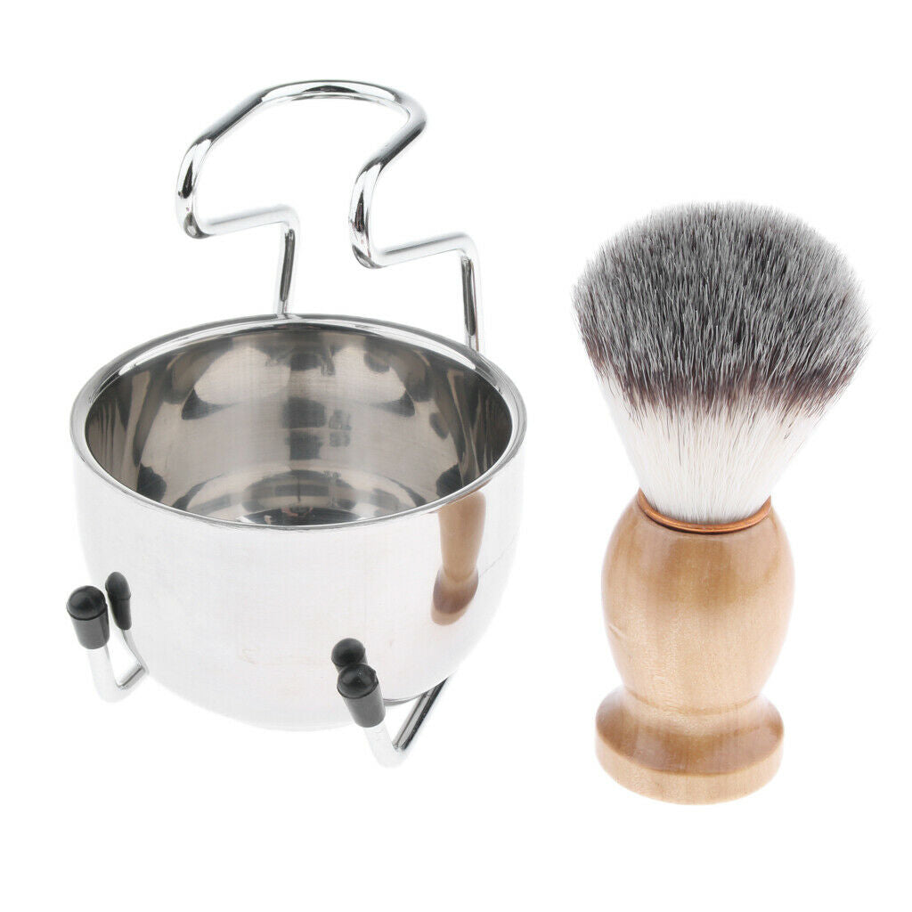3x Premium Wood Shaving Brush Bowl Mug Cup Stand Holder Kit Set For Men