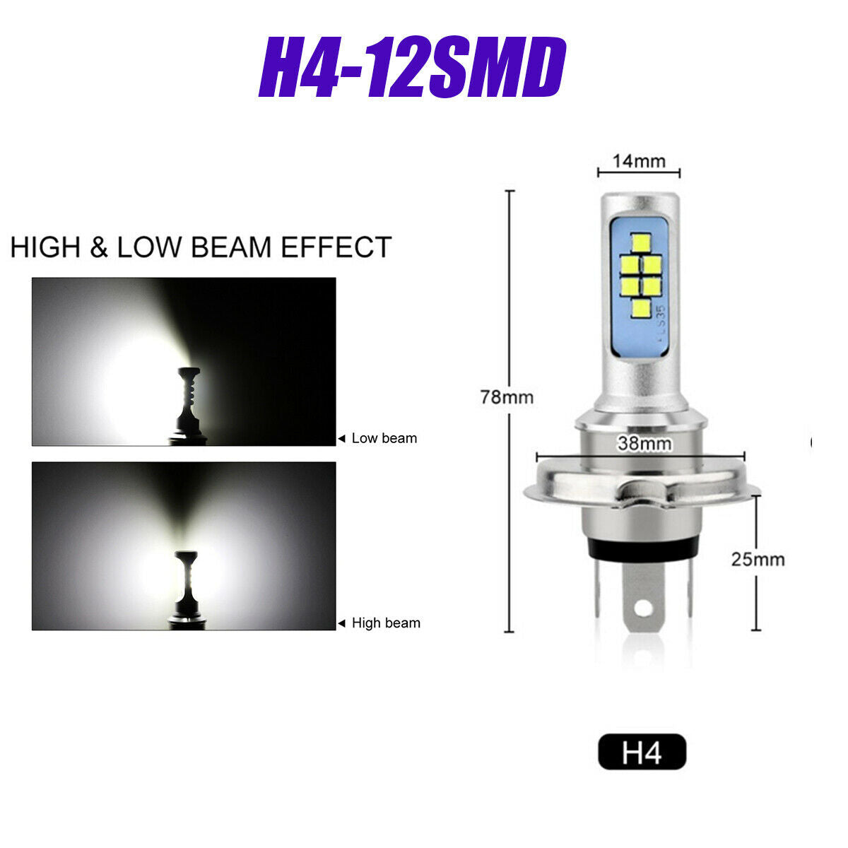 36W H4 12 SMD Hi/ Lo Beam Headlight for Motorcycle Scooter car Plug & Play