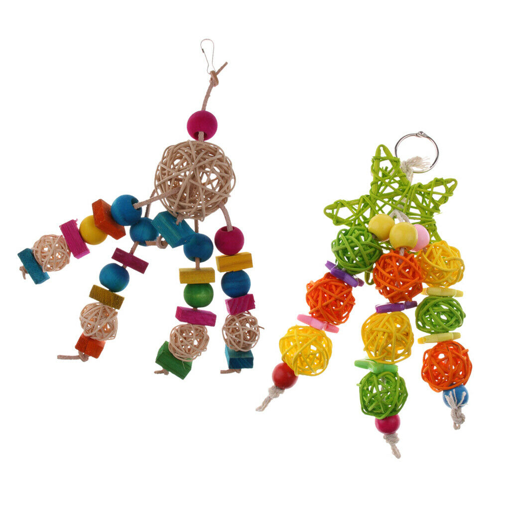 2 x Hanging Parrot Chewing Toys with A Bell - Multicolored Wooden Blocks Tearing