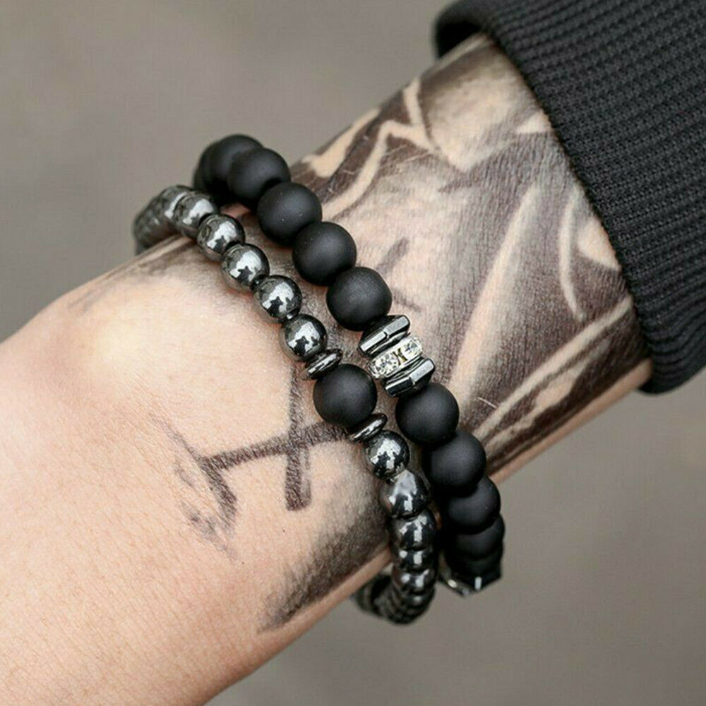 2Pcs Natural Stone Copper Bead Bracelet Men Matte Lava Volcanic Jewelry Gifts~