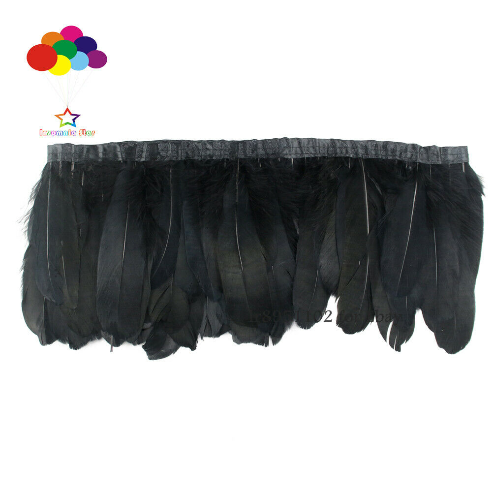 Dyed black Goose Feathers 2 Meter Fringe Trim with Satin Ribbon Tape 6-8 inch