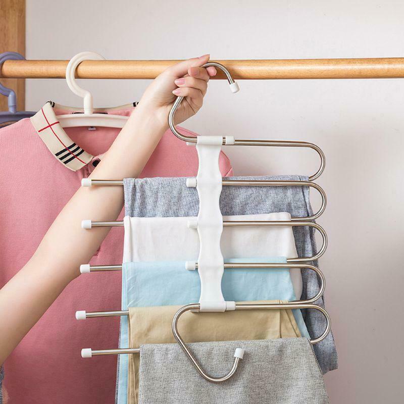 Multifunction Pants Hanger 5 Tier Stainless Trousers Rack Clothes Storage