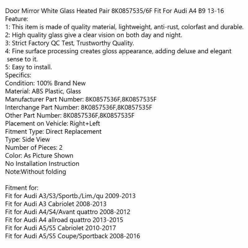 Door Mirror White Glass Heated Pair 8K0857535/6F Fit For Audi A4 B9 2013-2016 CN