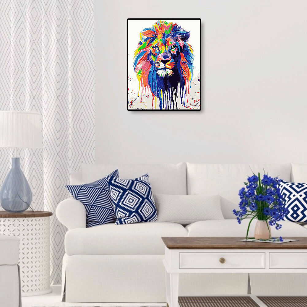 Painting By Numbers Kit Frameless DIY Hand Painted Colorful Lion Oil Canvas @