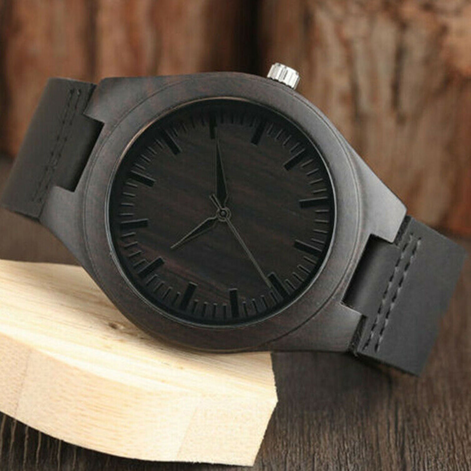 Men's Wood Leather Band Bamboo Quartz Watch Casual Women Sport Wrist Strap Black
