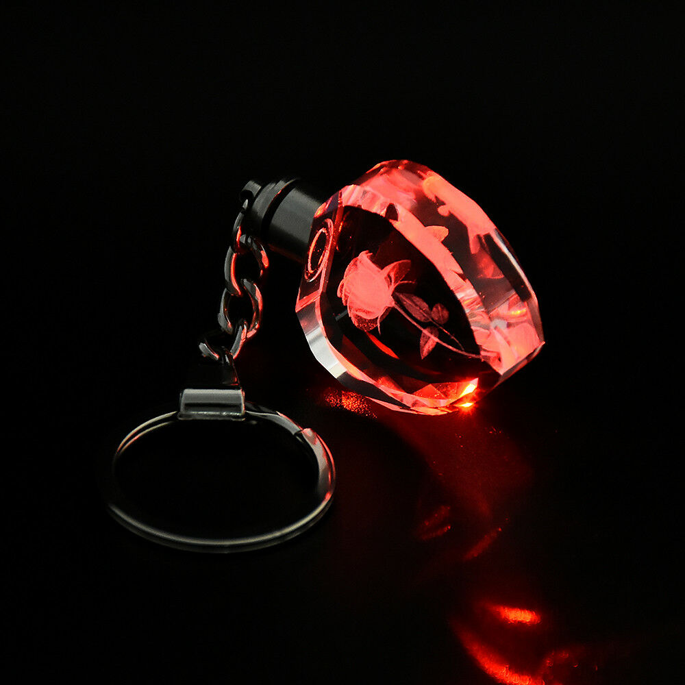 New Fairy Crystal Rose LED Light Keychain Love Heart Key Chain Ring Keyring ~
