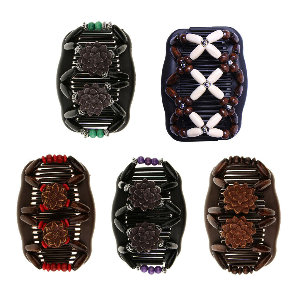 5Pack Magic Wood Beaded Combs Stylish Women Stretchy Double Hair Comb Clips Updo