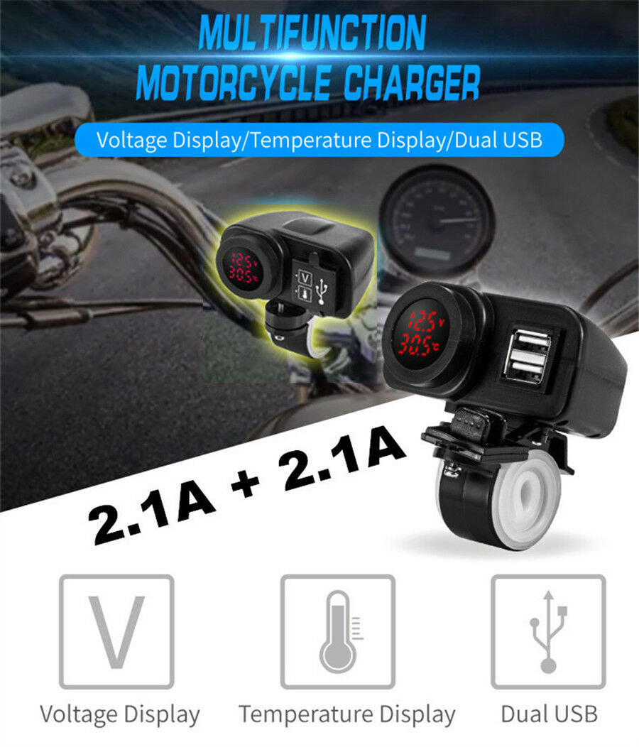 12V Dual USB Charger w/ Digital Voltmeter Real-time Outside Temperature Display