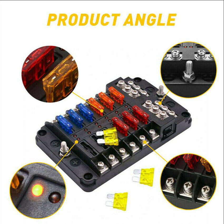 12 Way Auto Blade Fuse Holder Box Block w/ LED Indicator for 12V Car Marine