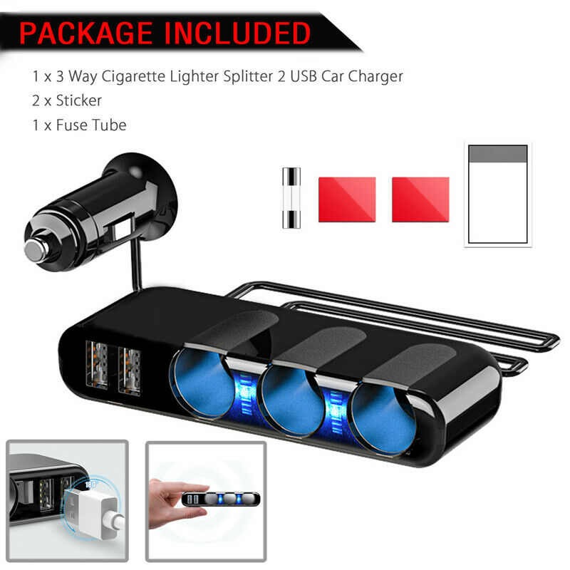 3Way 12/24V Charger Dual USB Car Cigarette Lighter Socket Power Adapter Splitter