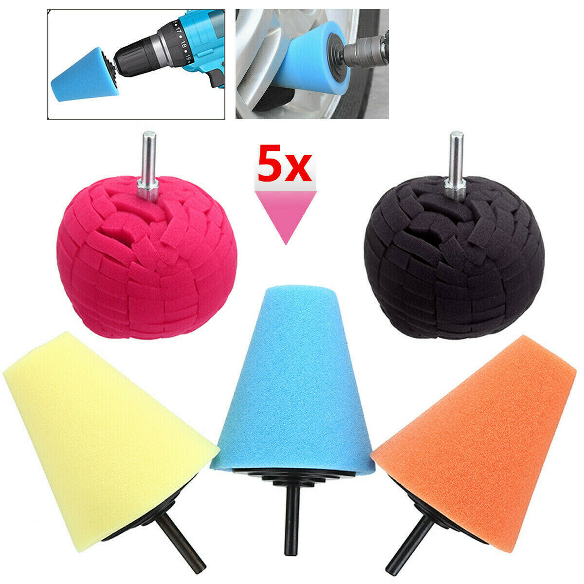 5PCS Car Wheel Hub Buffing Shank Polishing Sponge Ball Cone Metal Foam Pad Tools