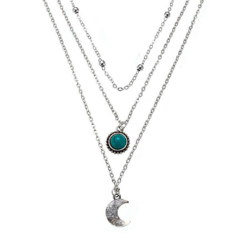 Fashion Multi-Layer Choker Turquoise Moon Pendant Chain Necklace Boho Jewelry