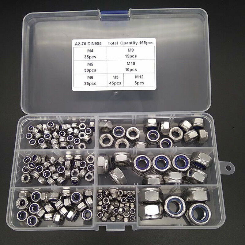 M3 4 5 6 8 M10 M12Nylon Insert Lock Nut Stainless Steel Combination Kit Hardware