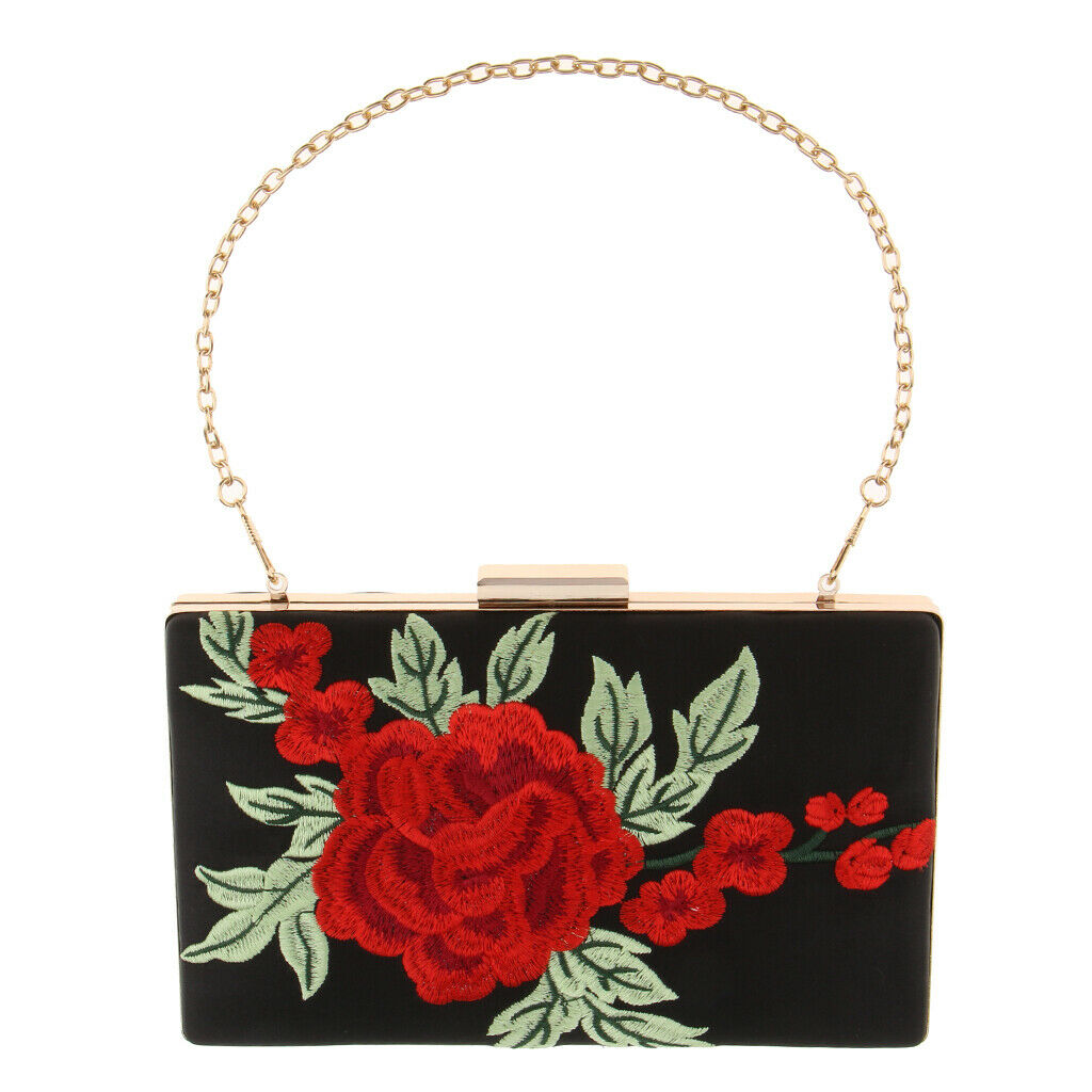 Elegant Embroidered Rose Flower Shoulder Chain Bag Evening Prom Clutch Purse