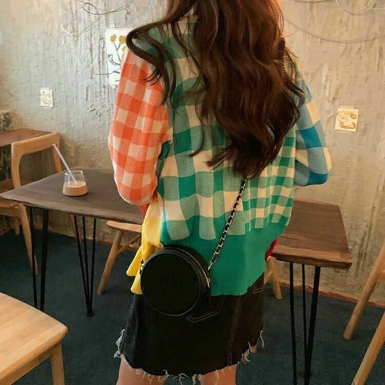Womens Sweater Knitted Coat Jacket Cardigan Ladies Rainbow Casual Plaid Outwear