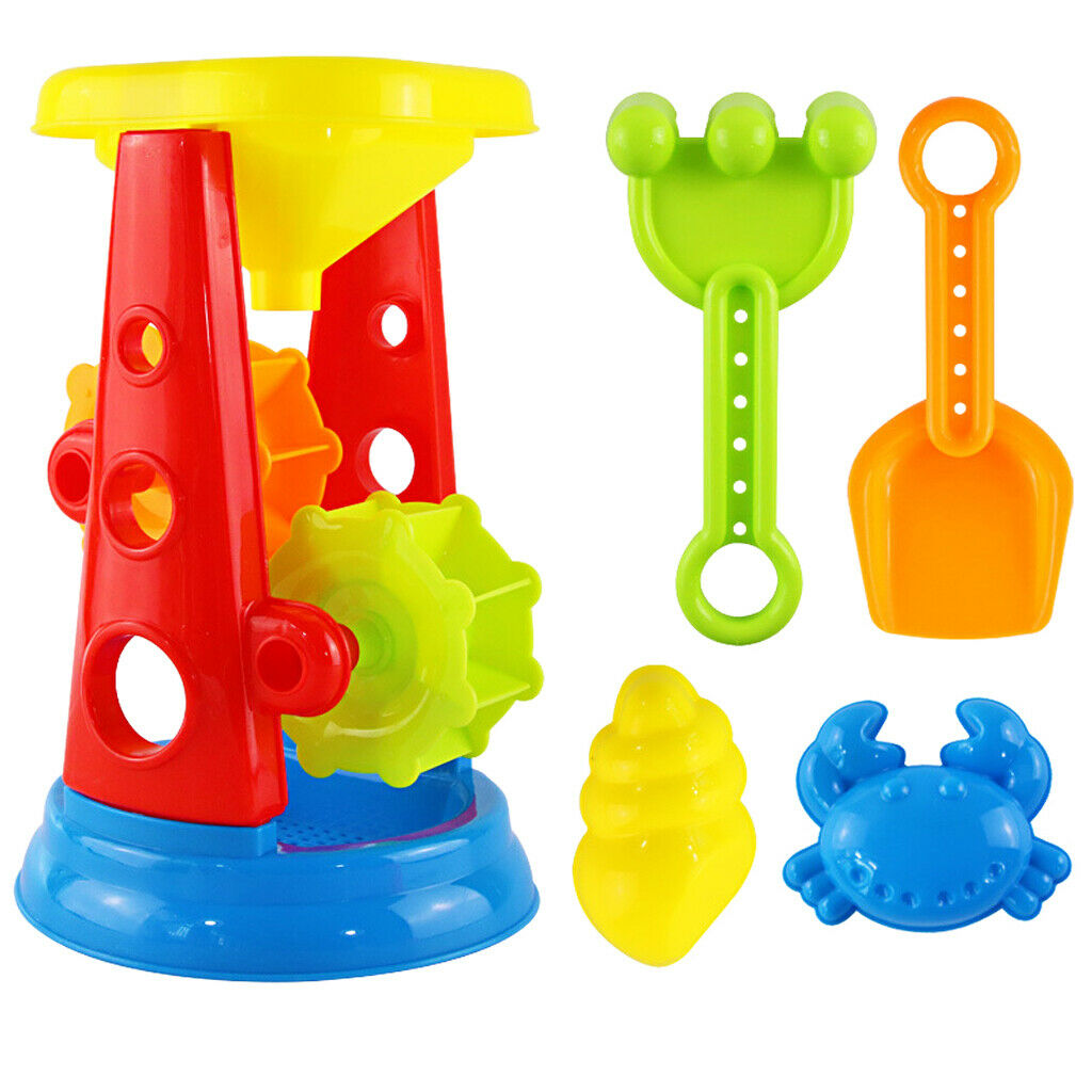 5pcs Kids Beach Toys Castle Building Playset With Water Wheel, Rake & Shovel