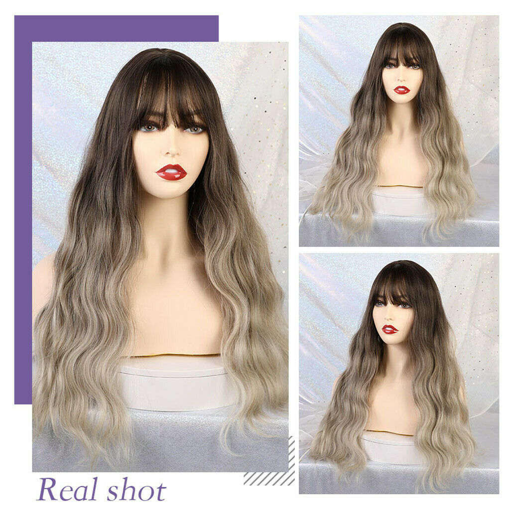 Natural Long Curly Wig Brown Ombre Beige Wig with Neat Bangs Synthetic