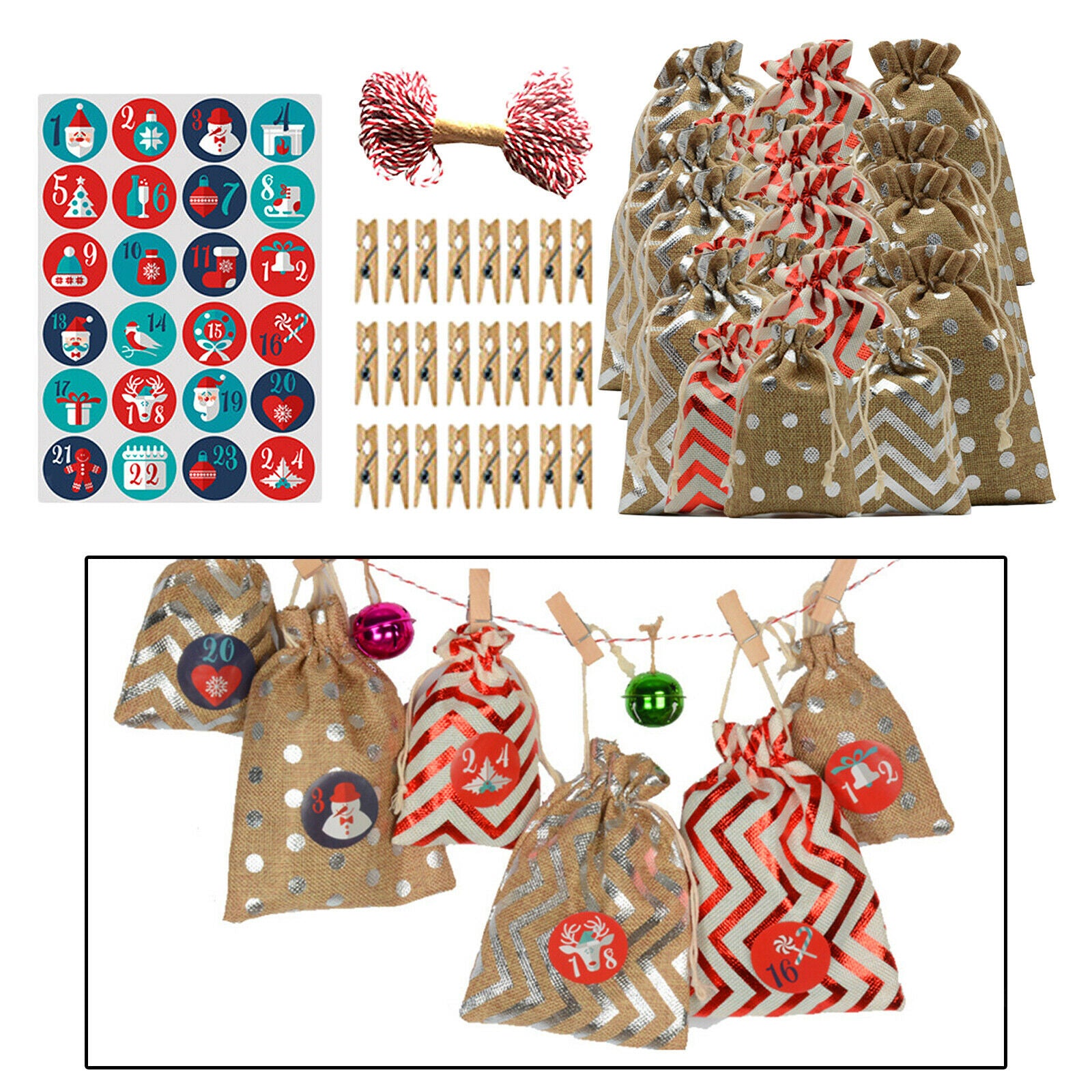 Set of 24 Christmas Advent 24 Days Burlap Countdown Candy Gift Bags 10x14cm