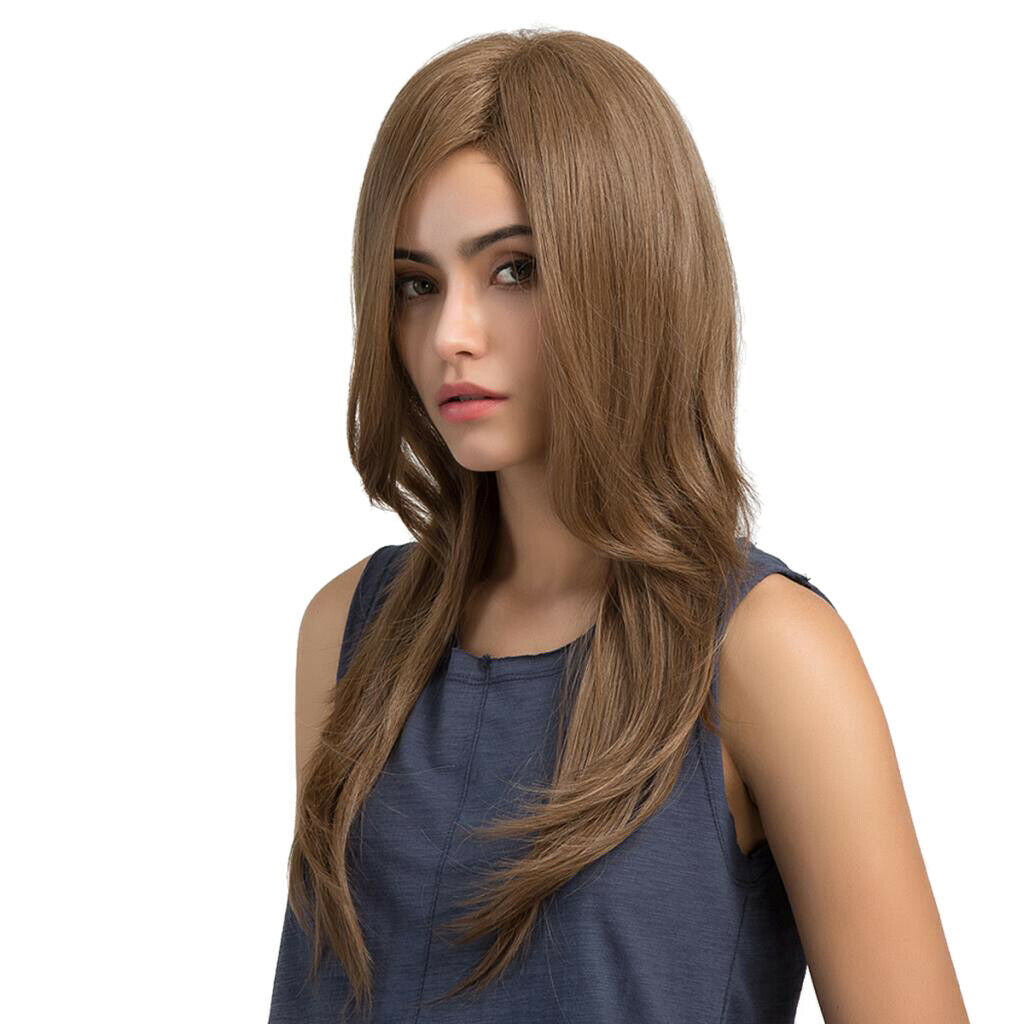 Women Side Parting Brown Long Natural Wave Straight Synthetic Hair Full Wig