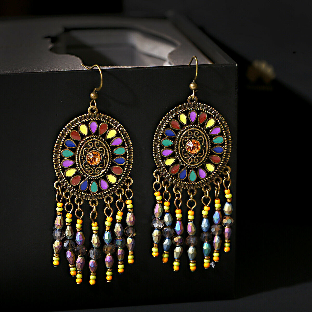 7 Colors Round Crystal Circle Dangle Tassel Women Bohemia Jewelry Hook Earrings